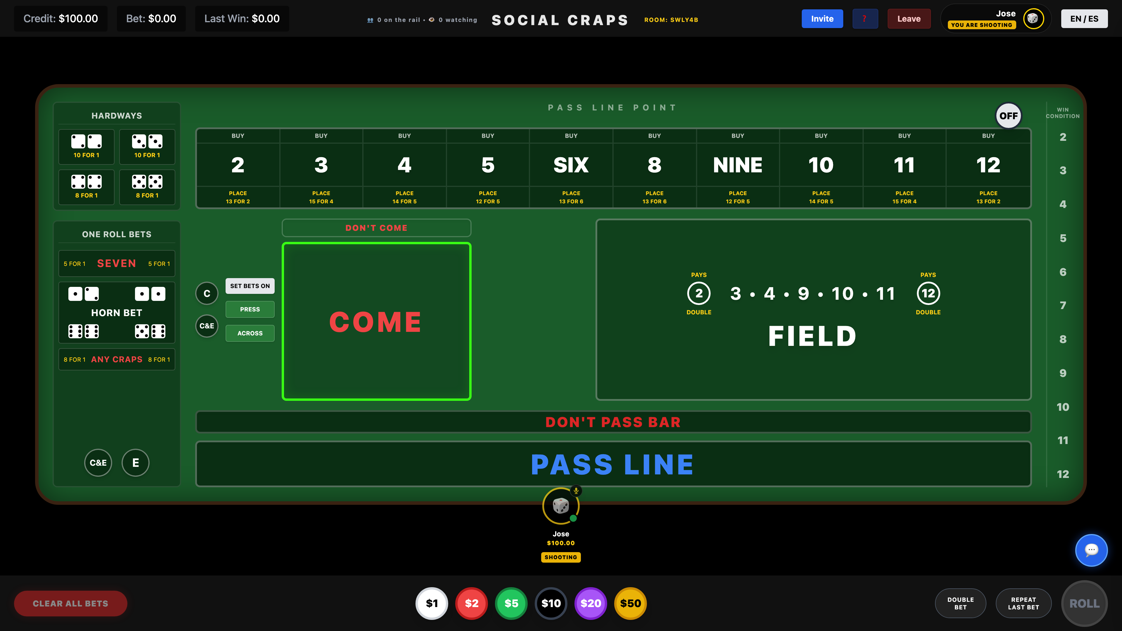 Social Craps Clean Table UI