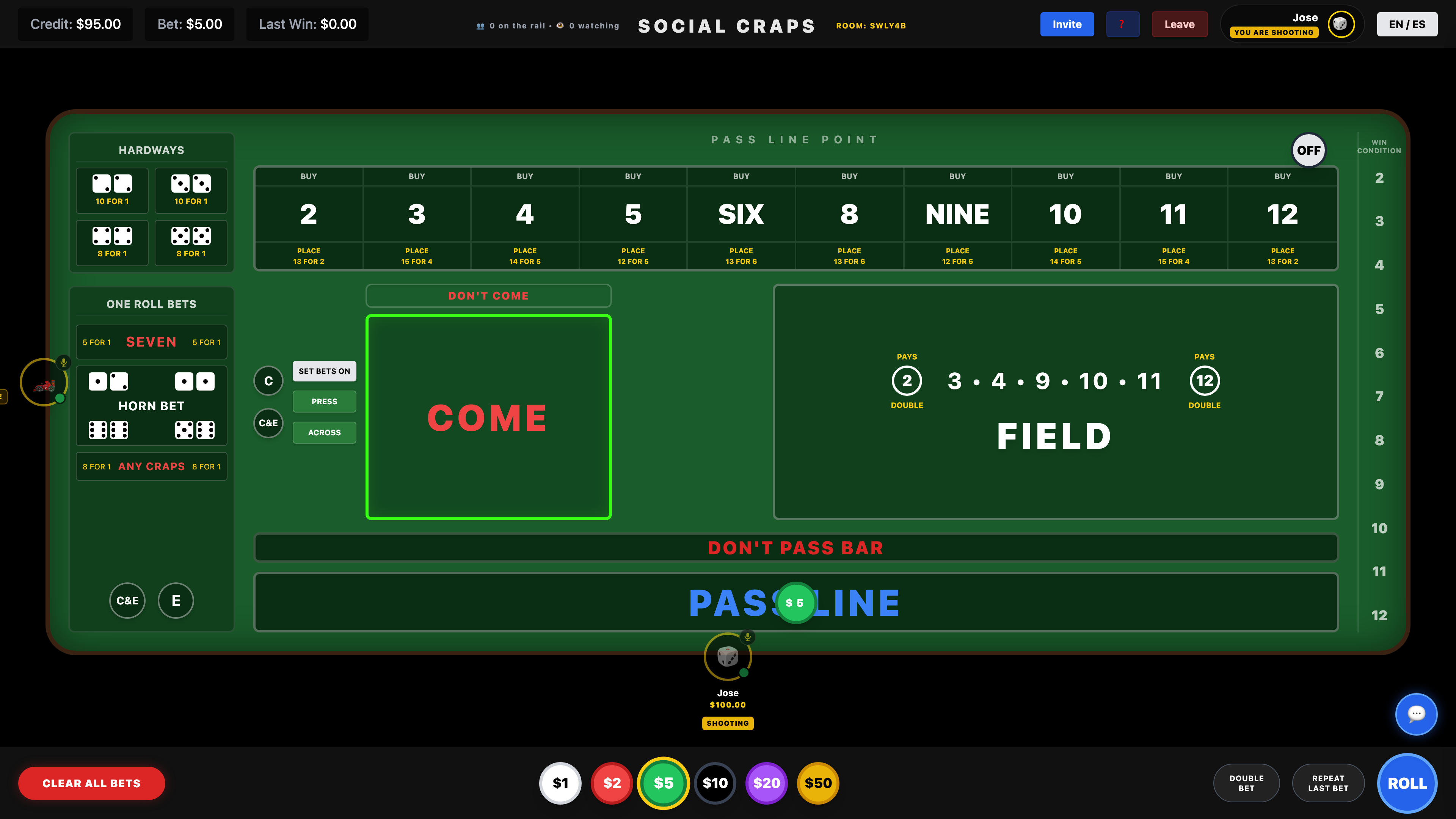 Bets Placed on Craps Table